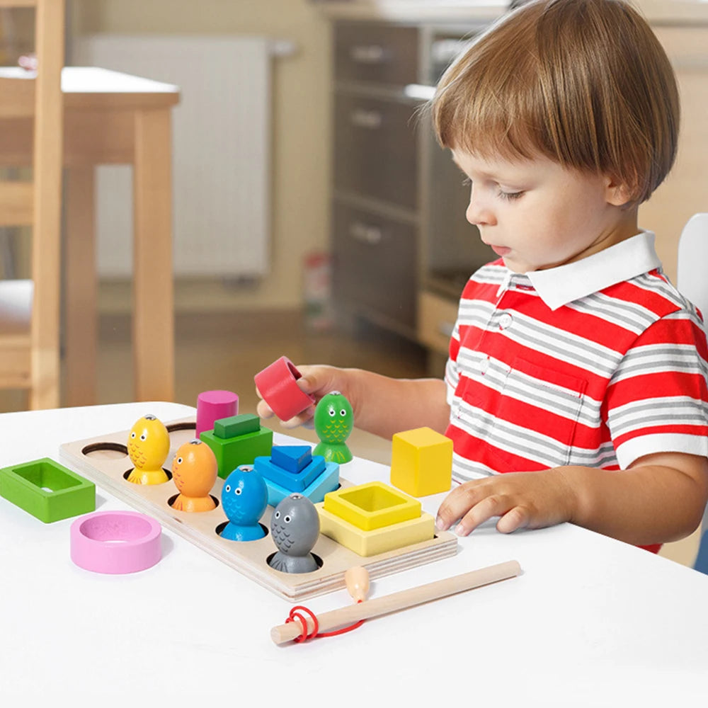 Juguete Educativo de Madera 2 en 1: Pesca Magnética, Bloques de Encaje y Formas | Juguete STEM