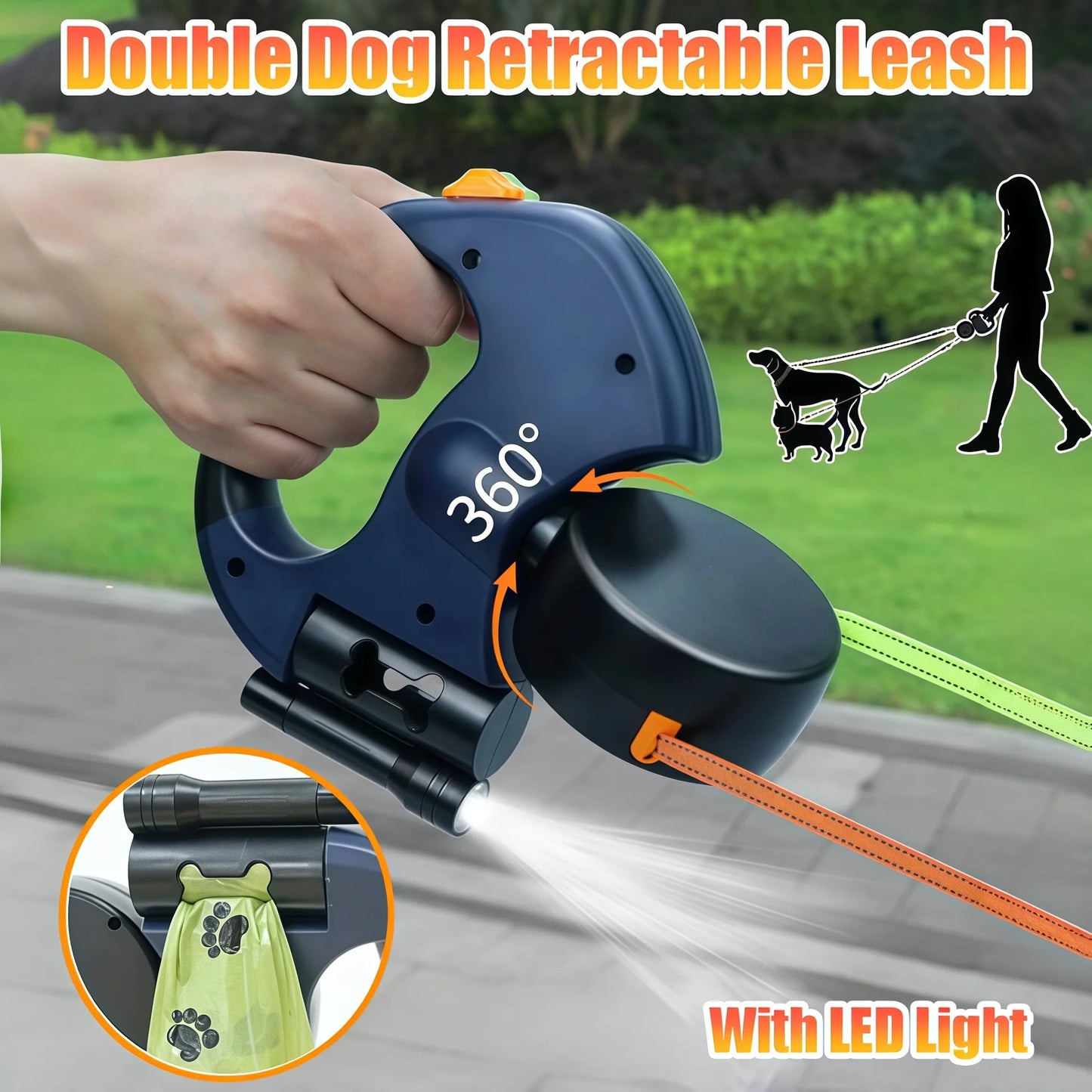 Correa retráctil para perros de doble extremo de 3 m con linterna LED, bolsa de basura, ruleta, cuerda de tracción doble de 360 grados, suministros para mascotas.