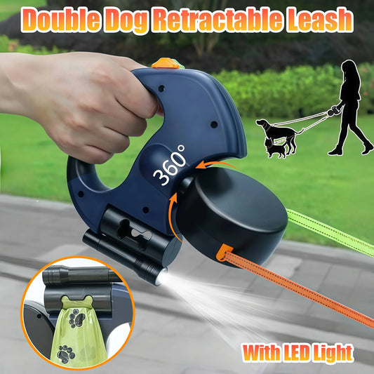 Correa retráctil para perros de doble extremo de 3 m con linterna LED, bolsa de basura, ruleta, cuerda de tracción doble de 360 grados, suministros para mascotas.