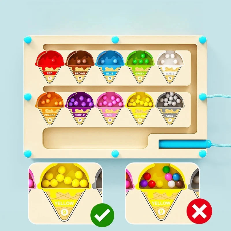 Detalle del laberinto magnético educativo con bolitas de colores selladas