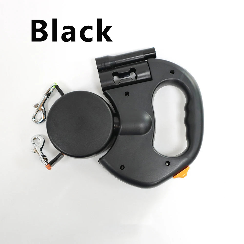 Correa retráctil para perros de doble extremo de 3 m con linterna LED, bolsa de basura, ruleta, cuerda de tracción doble de 360 grados, suministros para mascotas.